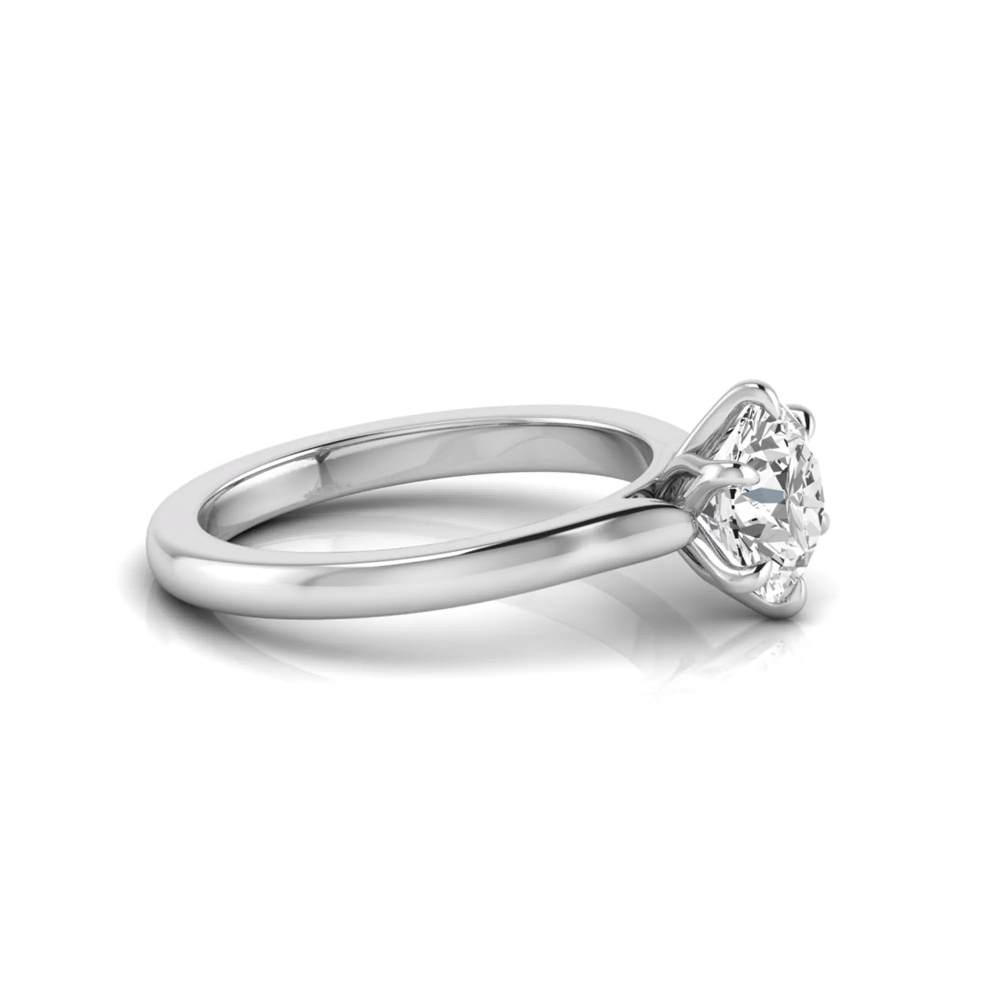 Round cut lab grown diamond solitaire engagement ring featuring a six-prong setting with a polished white gold tone band.