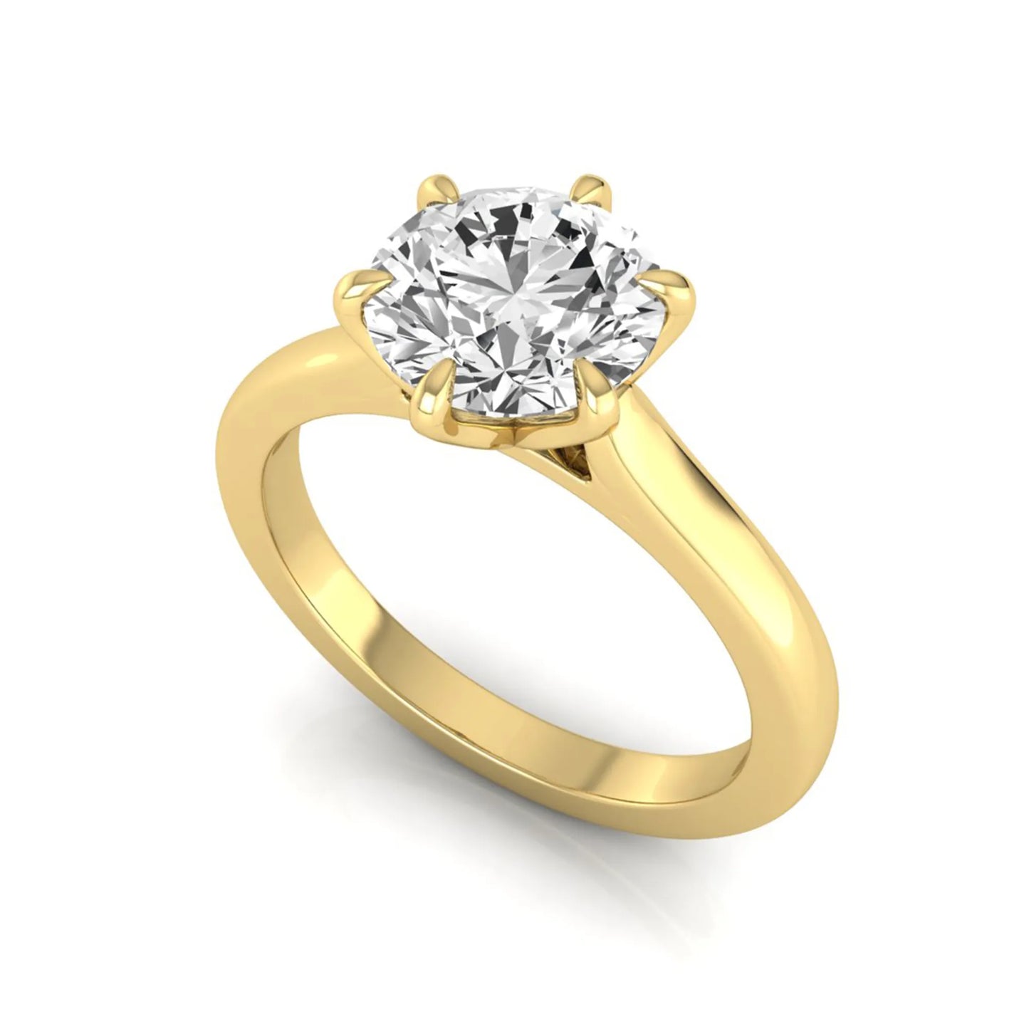 Round cut lab grown diamond solitaire engagement ring featuring a six-prong setting with a polished yellow gold tone band.