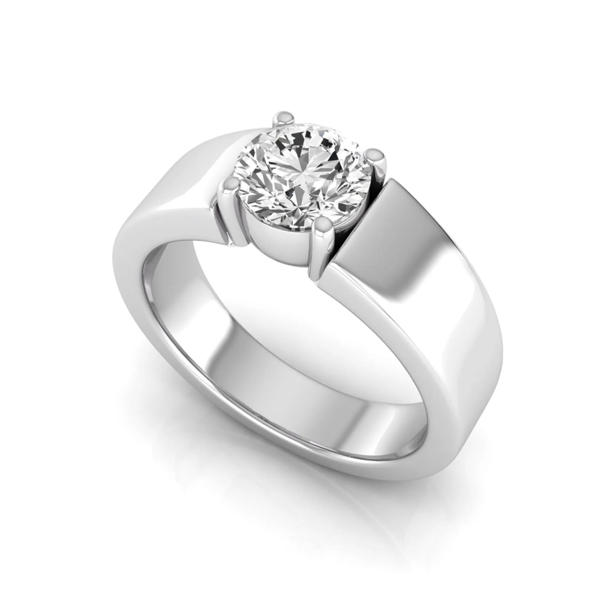 Round cut lab grown diamond solitaire engagement ring featuring a four-prong setting with a wide white gold tone comfort-fit band.