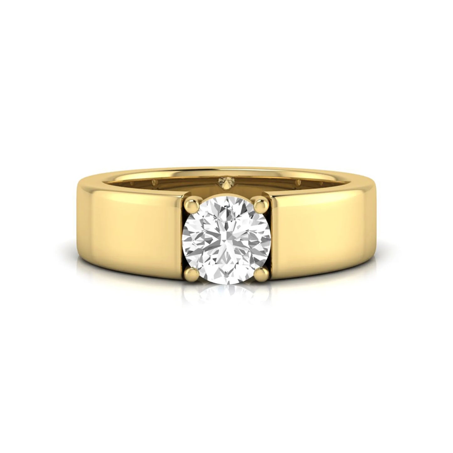 Round cut lab grown diamond solitaire engagement ring featuring a four-prong setting with a wide yellow gold tone comfort-fit band.