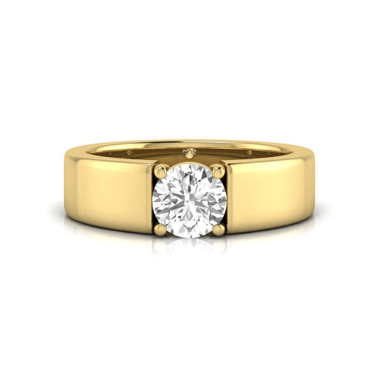 Round cut lab grown diamond solitaire engagement ring featuring a four-prong setting with a wide yellow gold tone comfort-fit band.