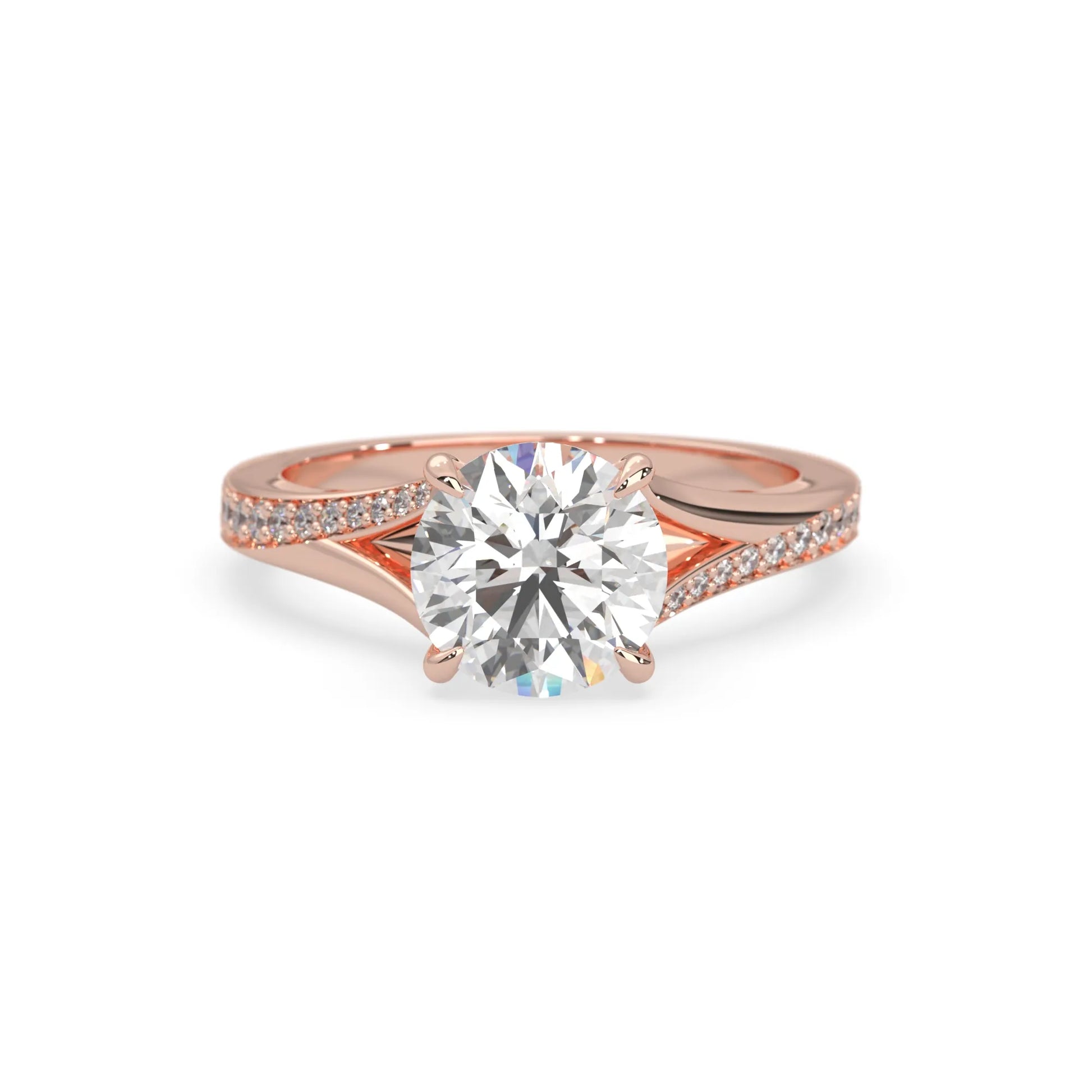 Rose gold ring with a large diamond on a white background