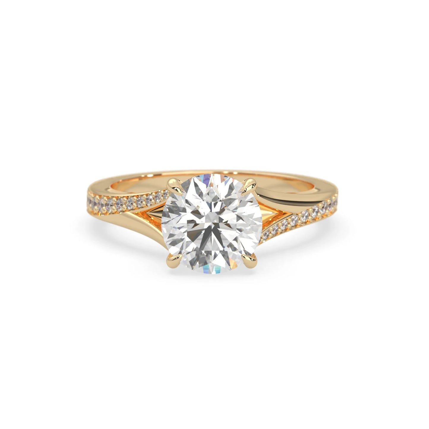 yellow gold ring with a large diamond and smaller diamonds on the band against a white background