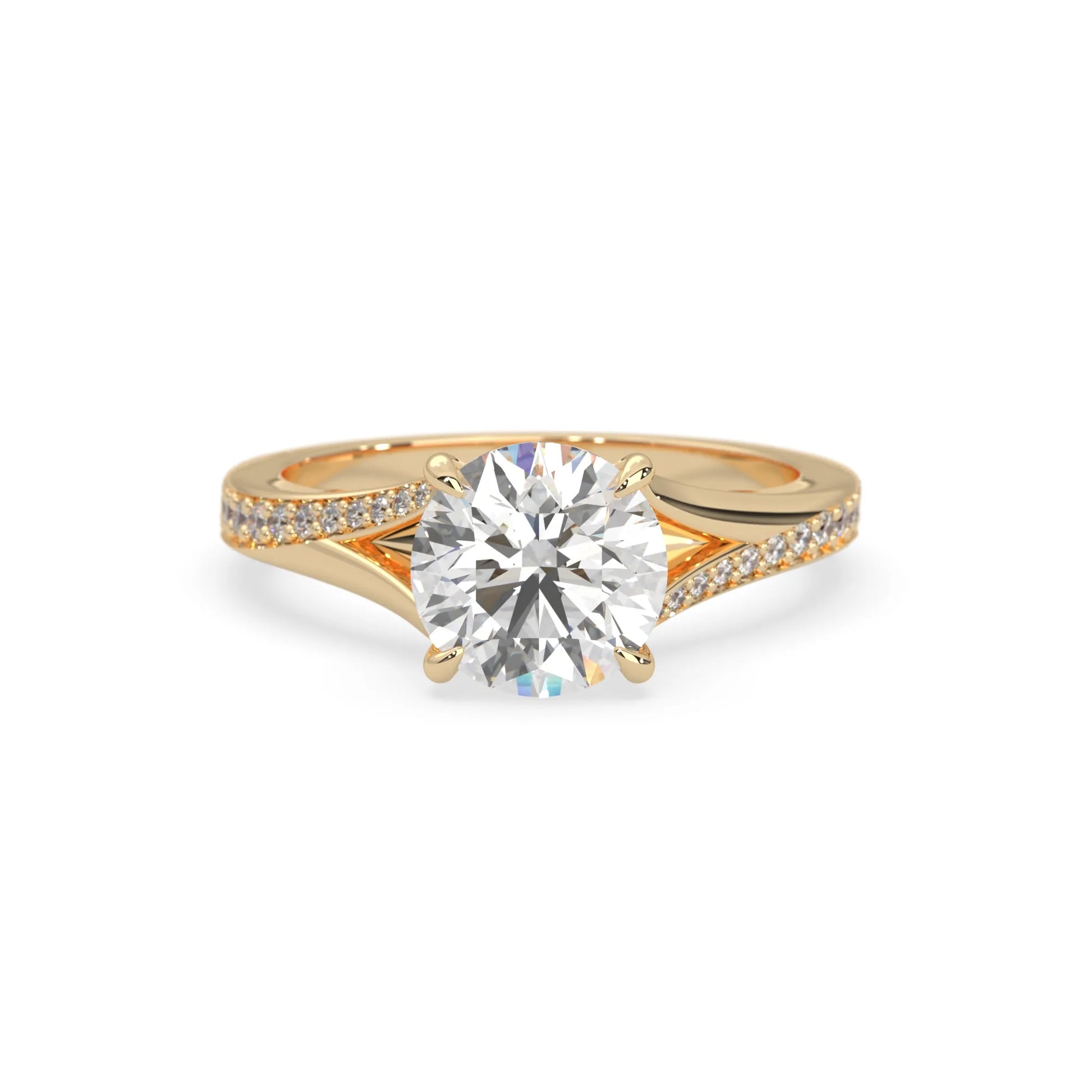 yellow gold ring with a large diamond and smaller diamonds on the band against a white background