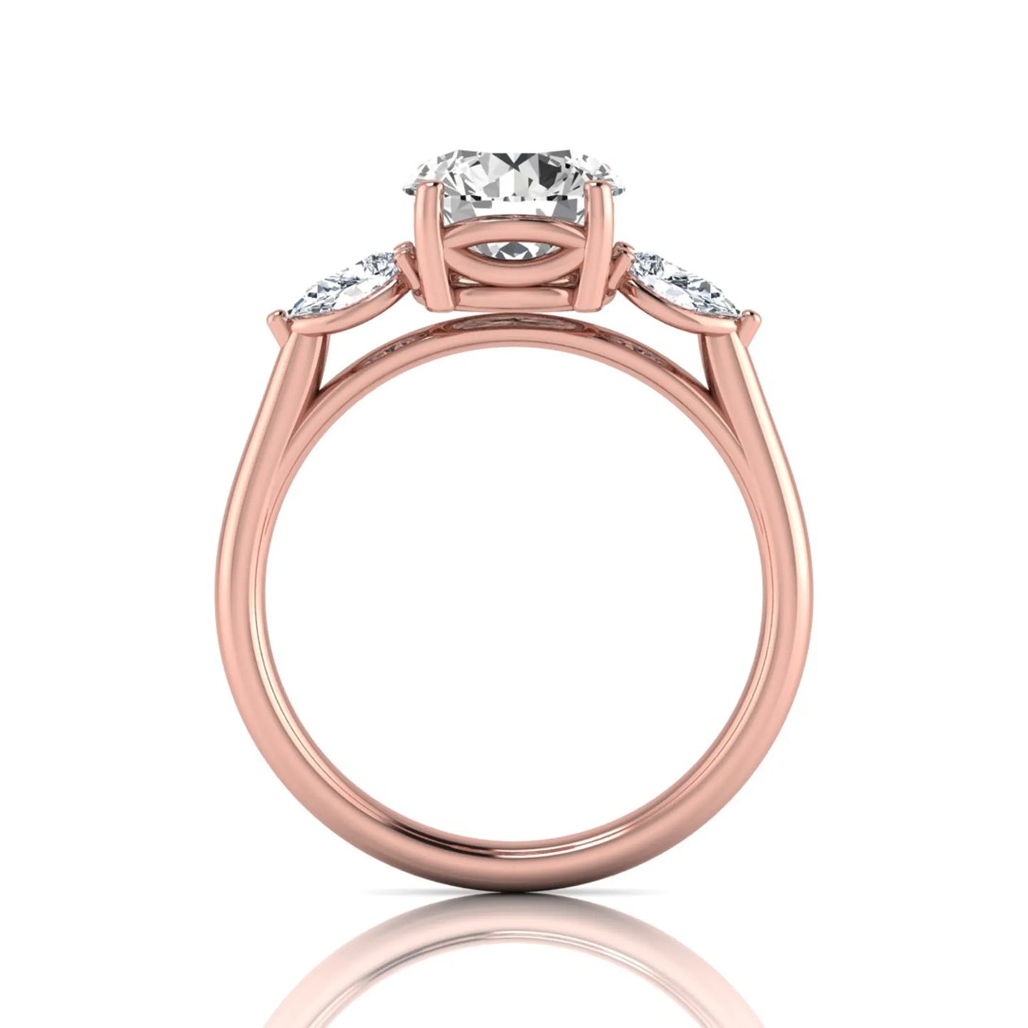 Round cut lab grown diamond three stone engagement ring featuring a 2.04 carat IGI certified center diamond with pear side diamonds in rose gold