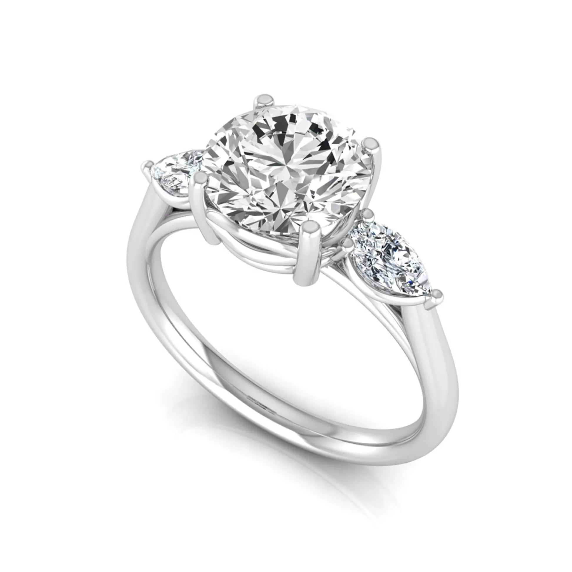 Round cut lab grown diamond three stone engagement ring featuring a 2.04 carat IGI certified center diamond with pear side diamonds in white gold