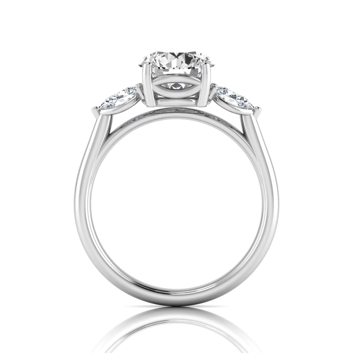 Round cut lab grown diamond three stone engagement ring featuring a 2.04 carat IGI certified center diamond with pear side diamonds in white gold