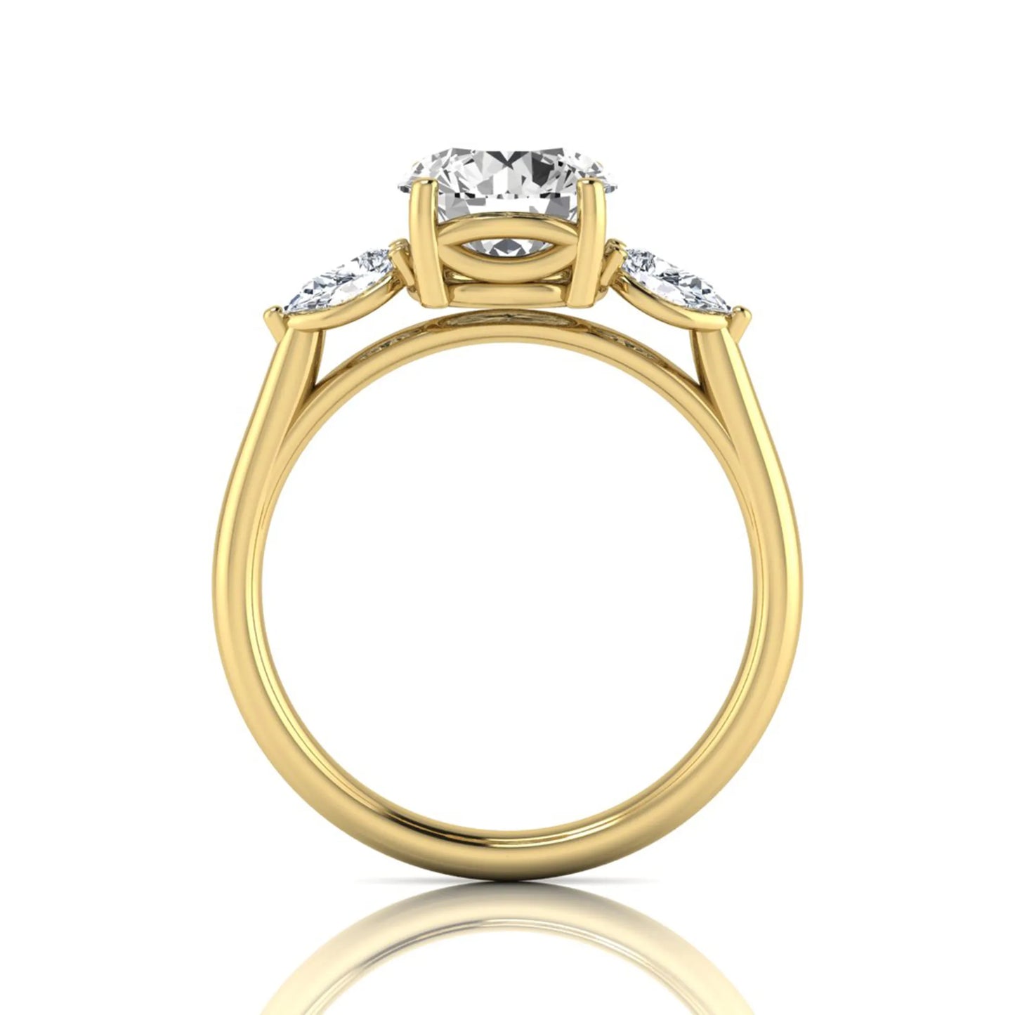 Round cut lab grown diamond three stone engagement ring featuring a 2.04 carat IGI certified center diamond with pear side diamonds in yellow gold