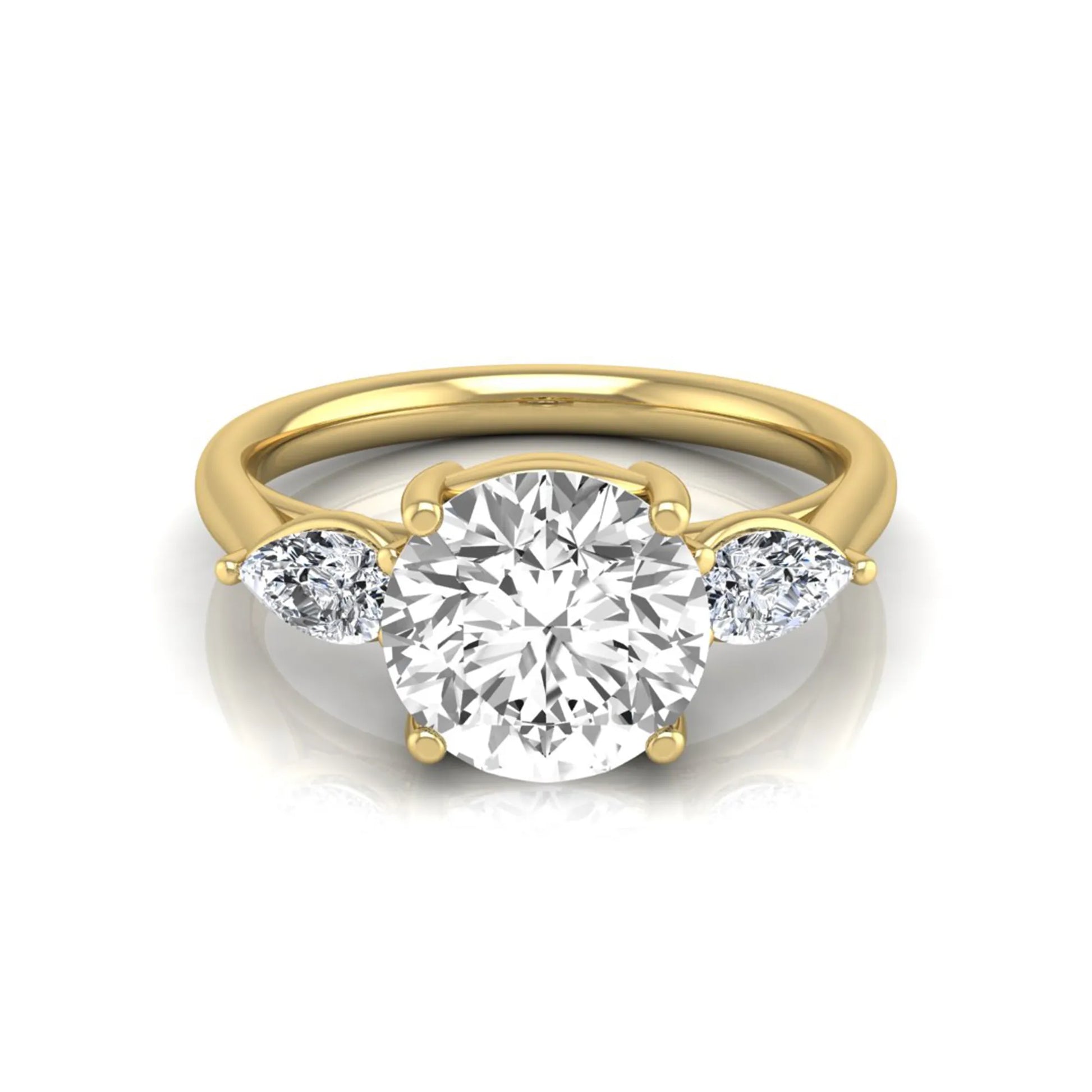 Round cut lab grown diamond three stone engagement ring featuring a 2.04 carat IGI certified center diamond with pear side diamonds in yellow gold