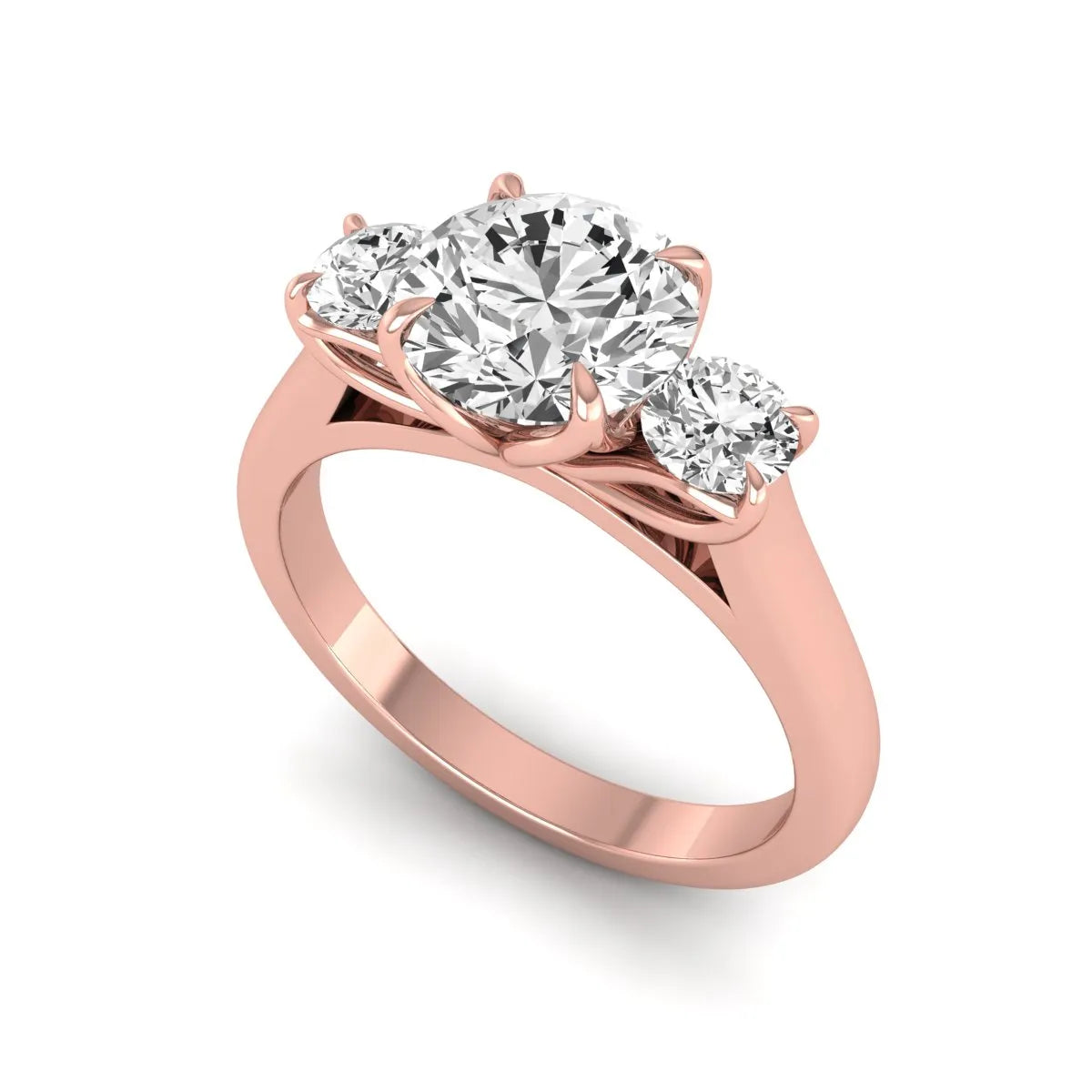 IGI certified round cut lab grown diamond three stone engagement ring with round side diamonds in rose gold.