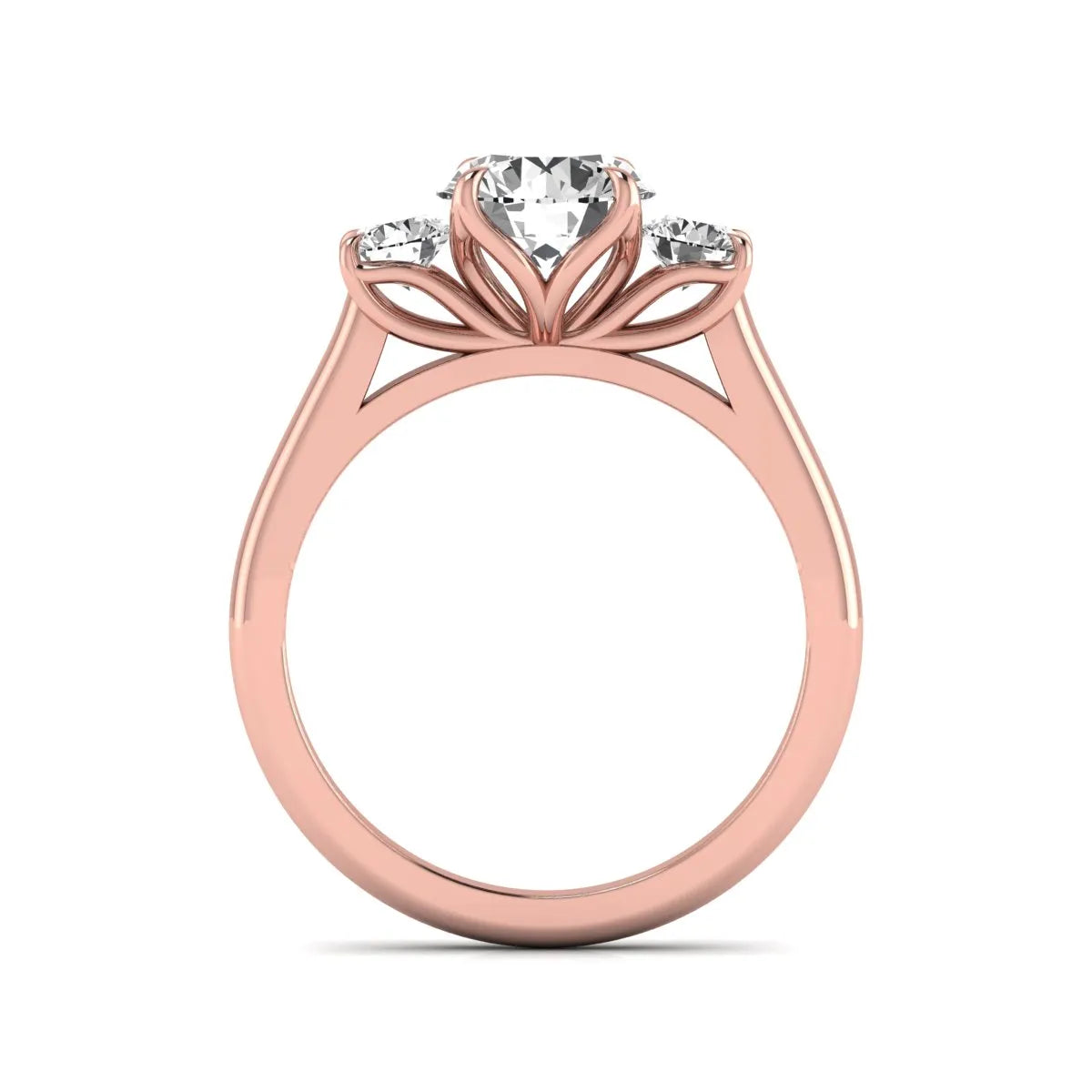 IGI certified round cut lab grown diamond three stone engagement ring with round side diamonds in rose gold.