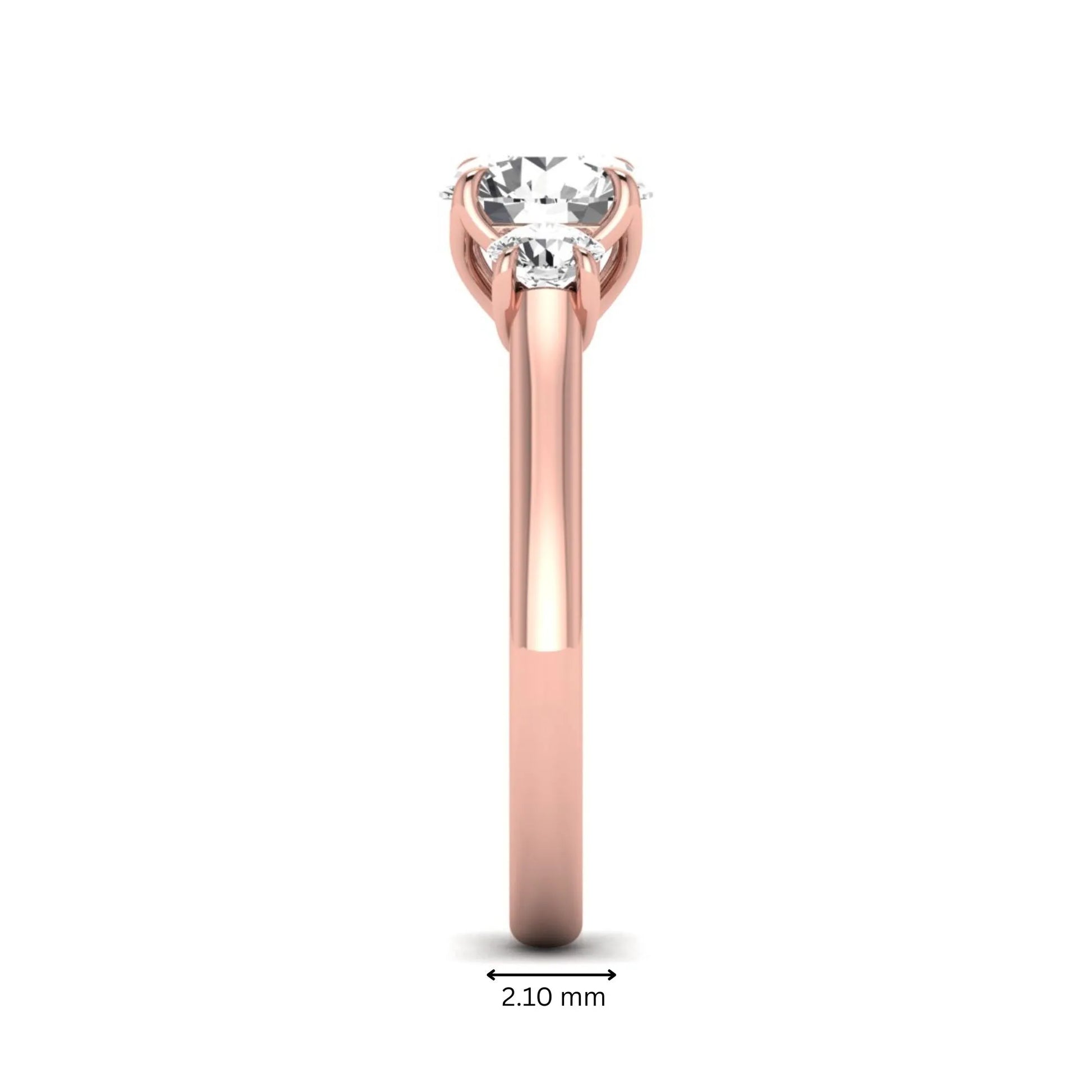 IGI certified round cut lab grown diamond three stone engagement ring with round side diamonds in rose gold.