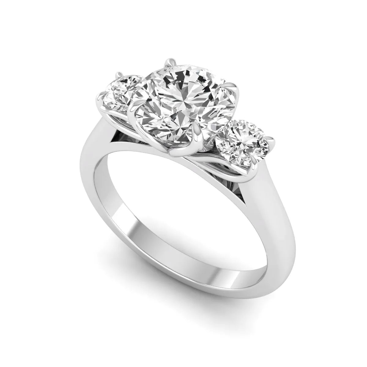 IGI certified round cut lab grown diamond three stone engagement ring with round side diamonds in white gold.