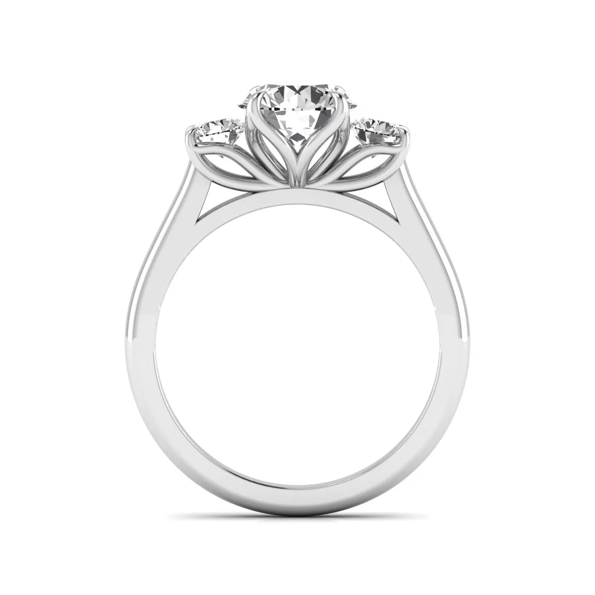 IGI certified round cut lab grown diamond three stone engagement ring with round side diamonds in white gold.