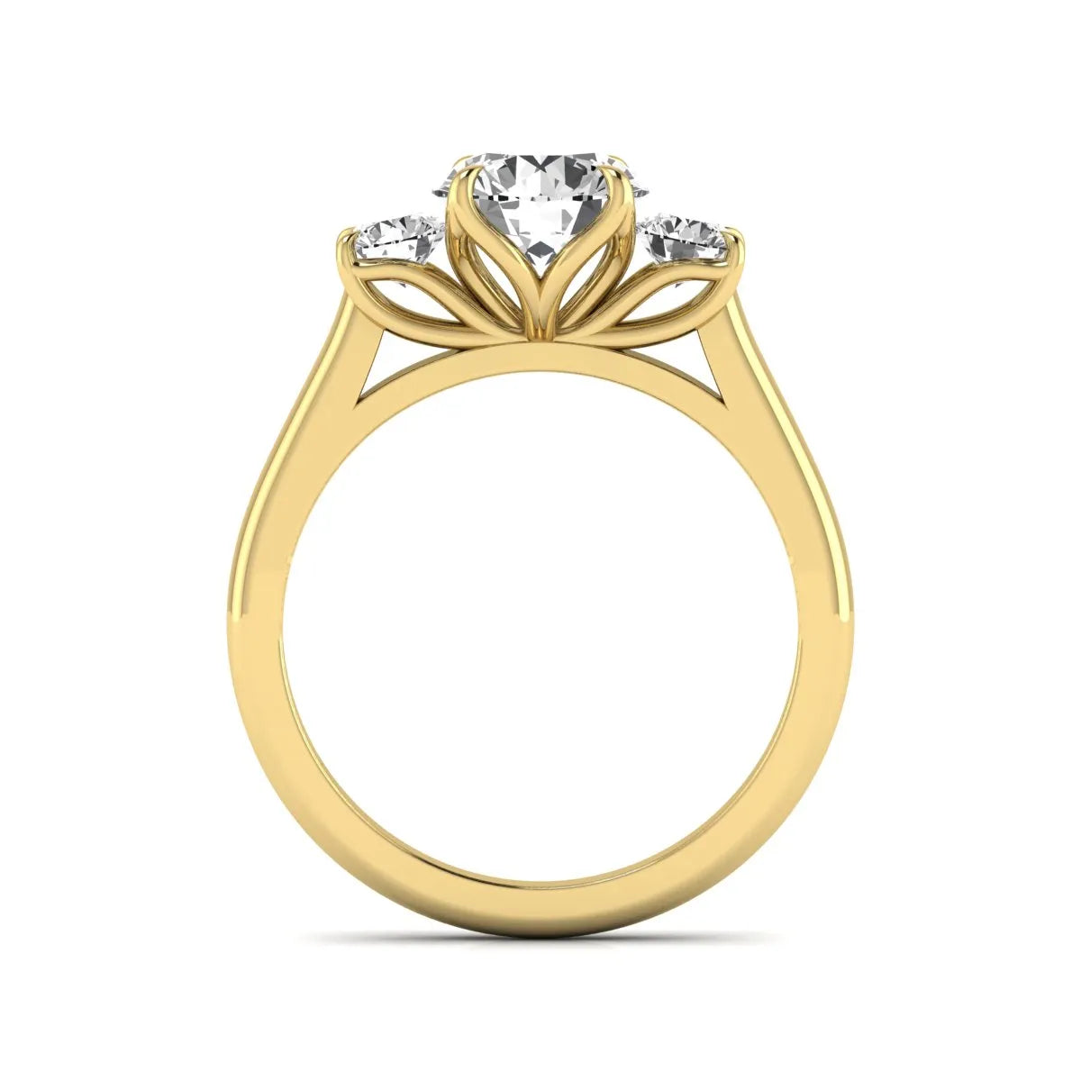 IGI certified round cut lab grown diamond three stone engagement ring with round side diamonds in yellow gold.