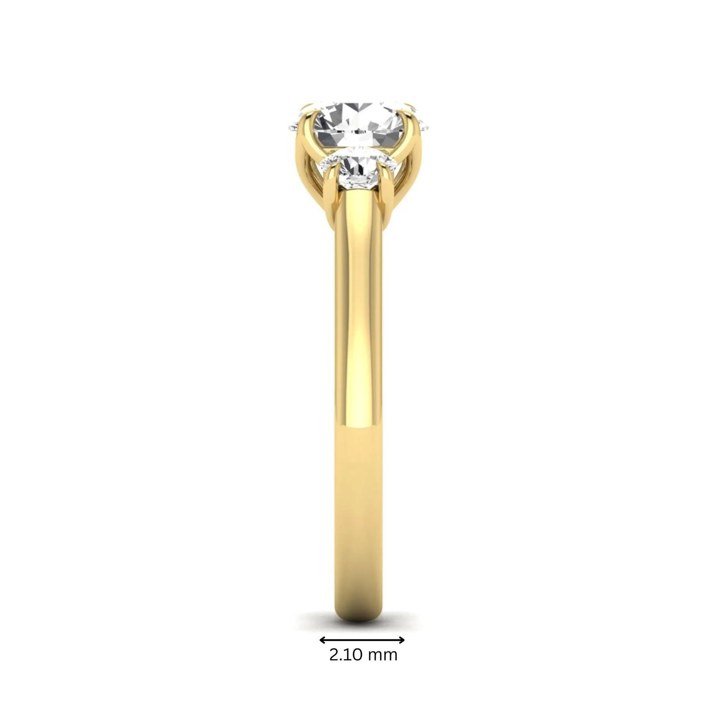 IGI certified round cut lab grown diamond three stone engagement ring with round side diamonds in yellow gold.