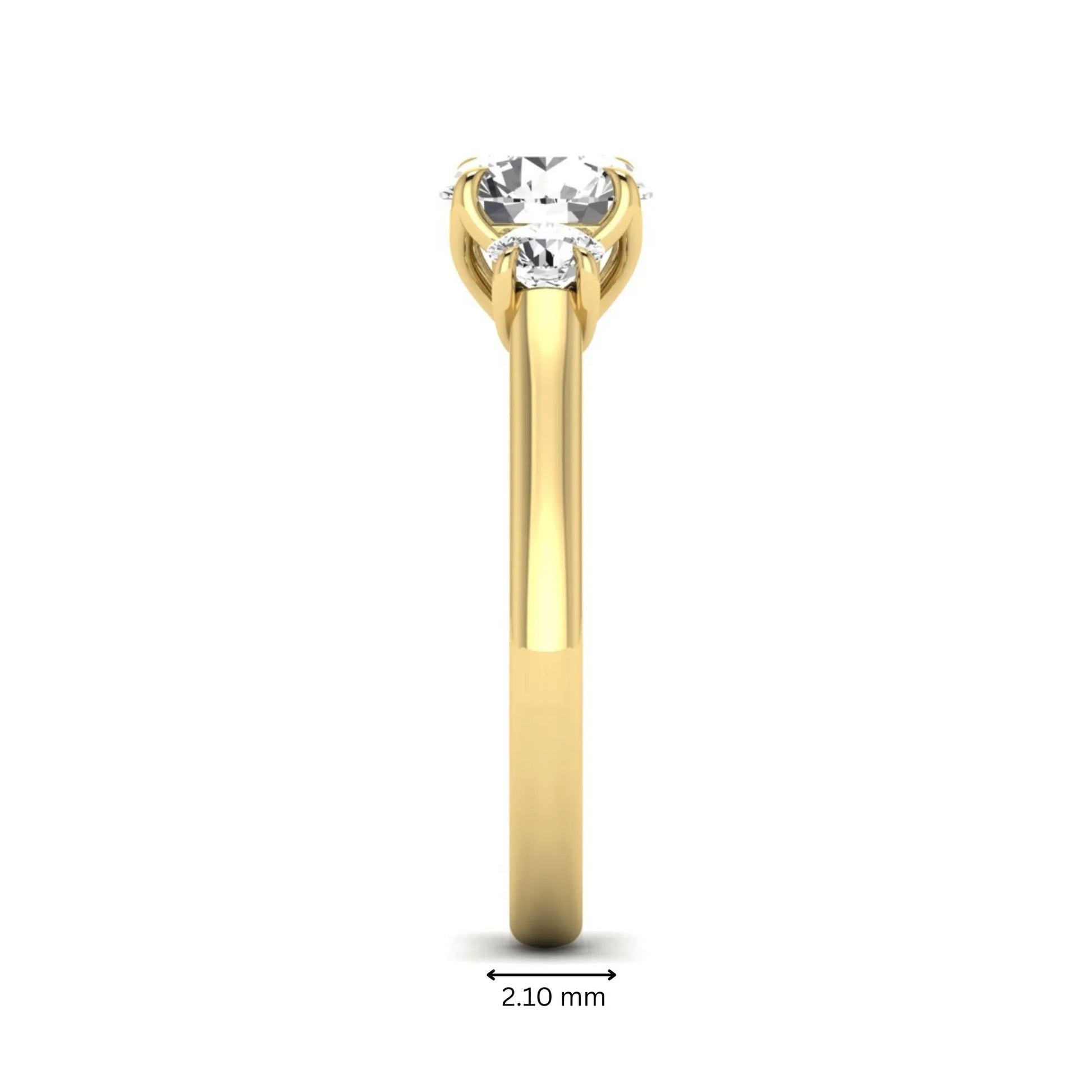 IGI certified round cut lab grown diamond three stone engagement ring with round side diamonds in yellow gold.