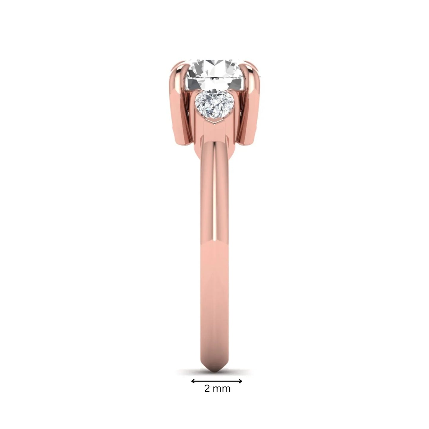 IGI certified round cut lab grown diamond three stone engagement ring with pear side diamonds in rose gold.