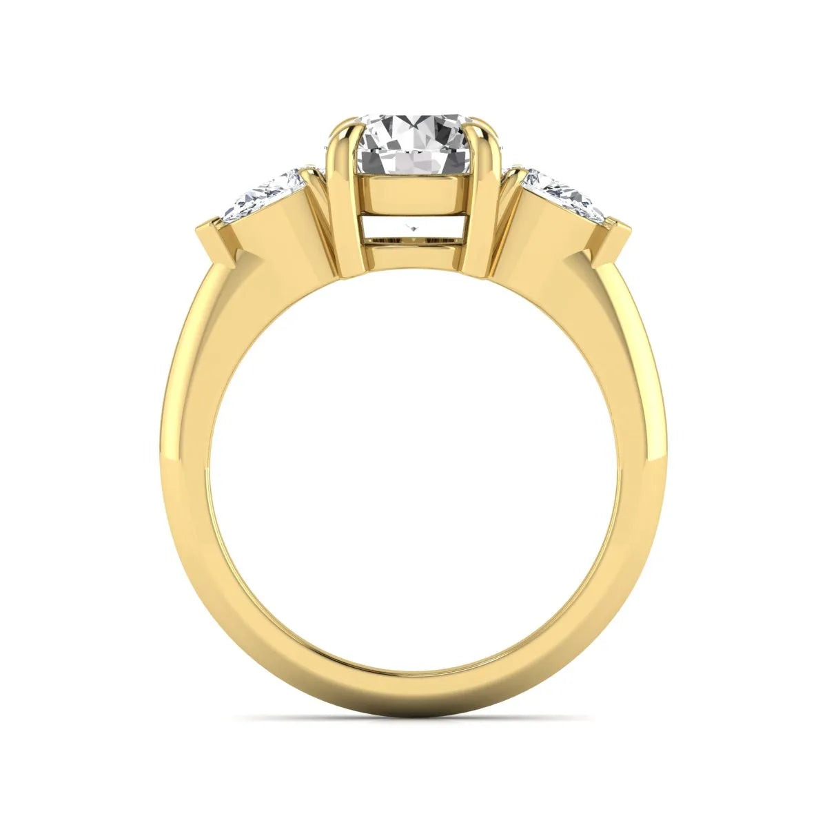 IGI certified round cut lab grown diamond three stone engagement ring with pear side diamonds in yellow gold.