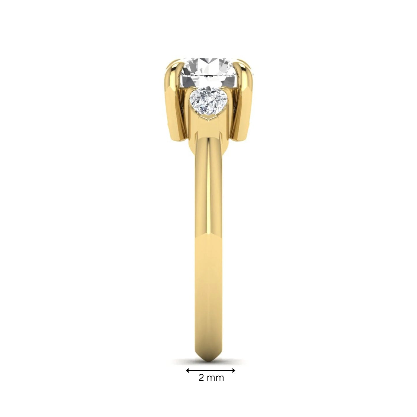 IGI certified round cut lab grown diamond three stone engagement ring with pear side diamonds in yellow gold.