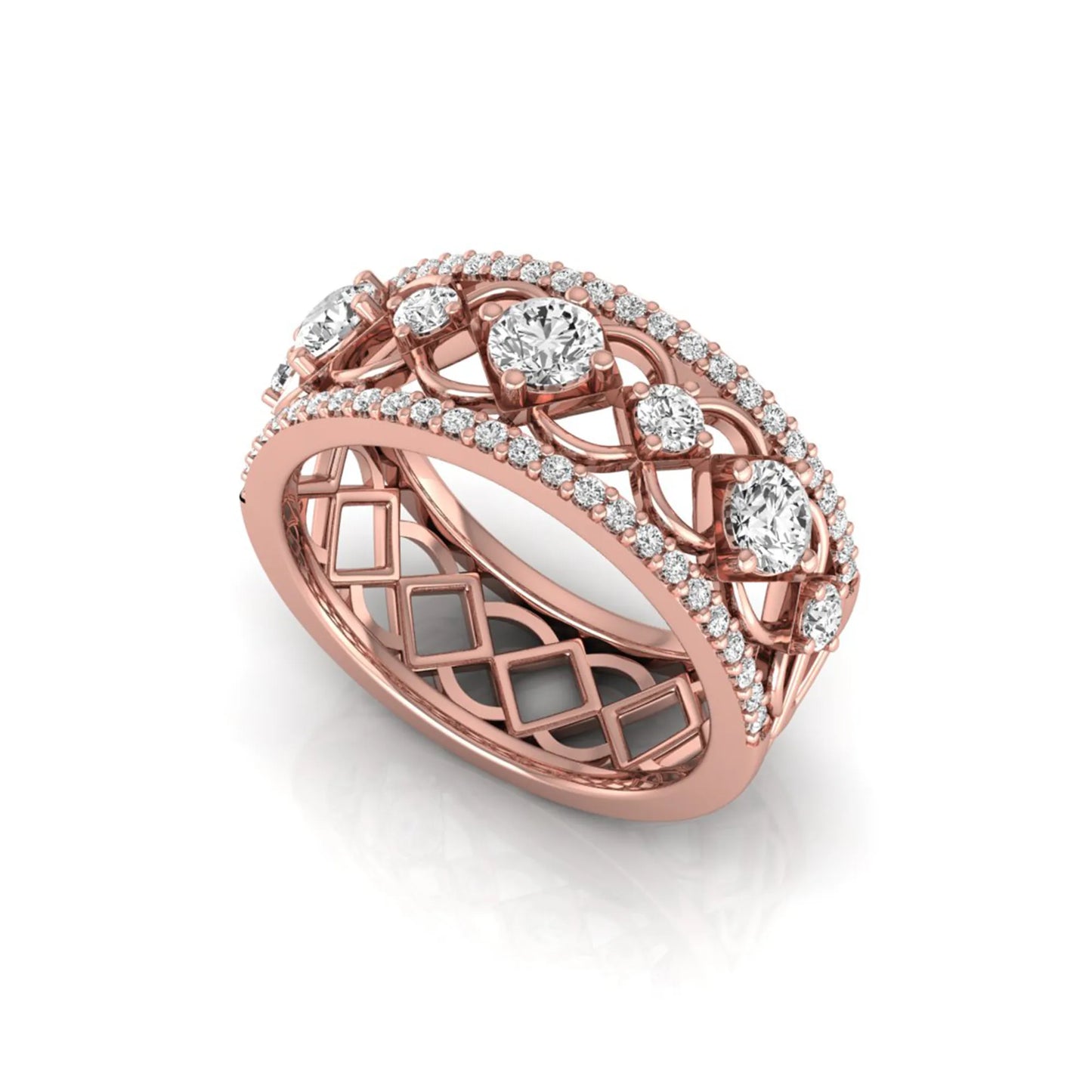 Round cut lab grown diamond vintage wide band ring featuring intricate openwork lattice design with pavé diamond accents in rose gold design