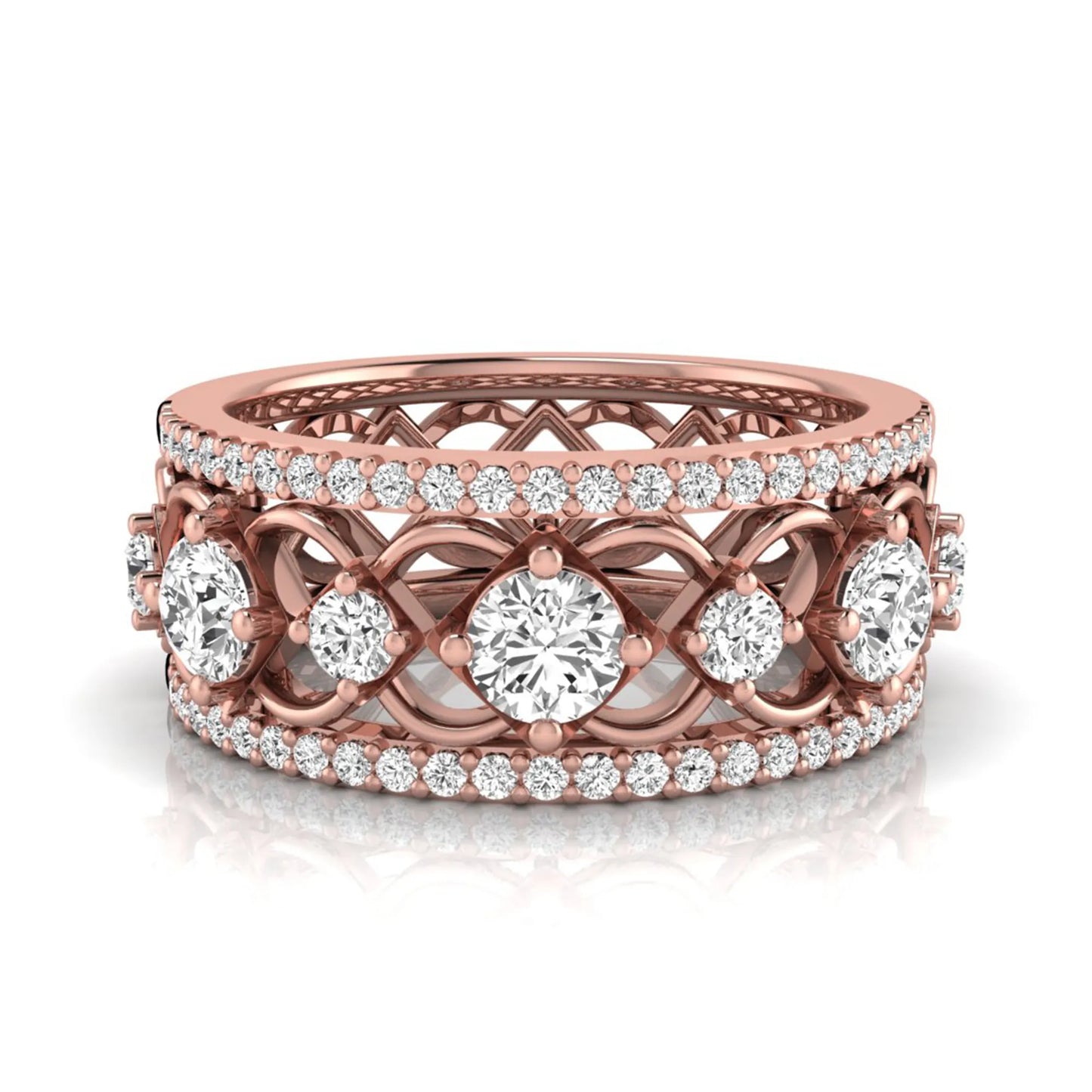 Round cut lab grown diamond vintage wide band ring featuring intricate openwork lattice design with pavé diamond accents in rose gold design