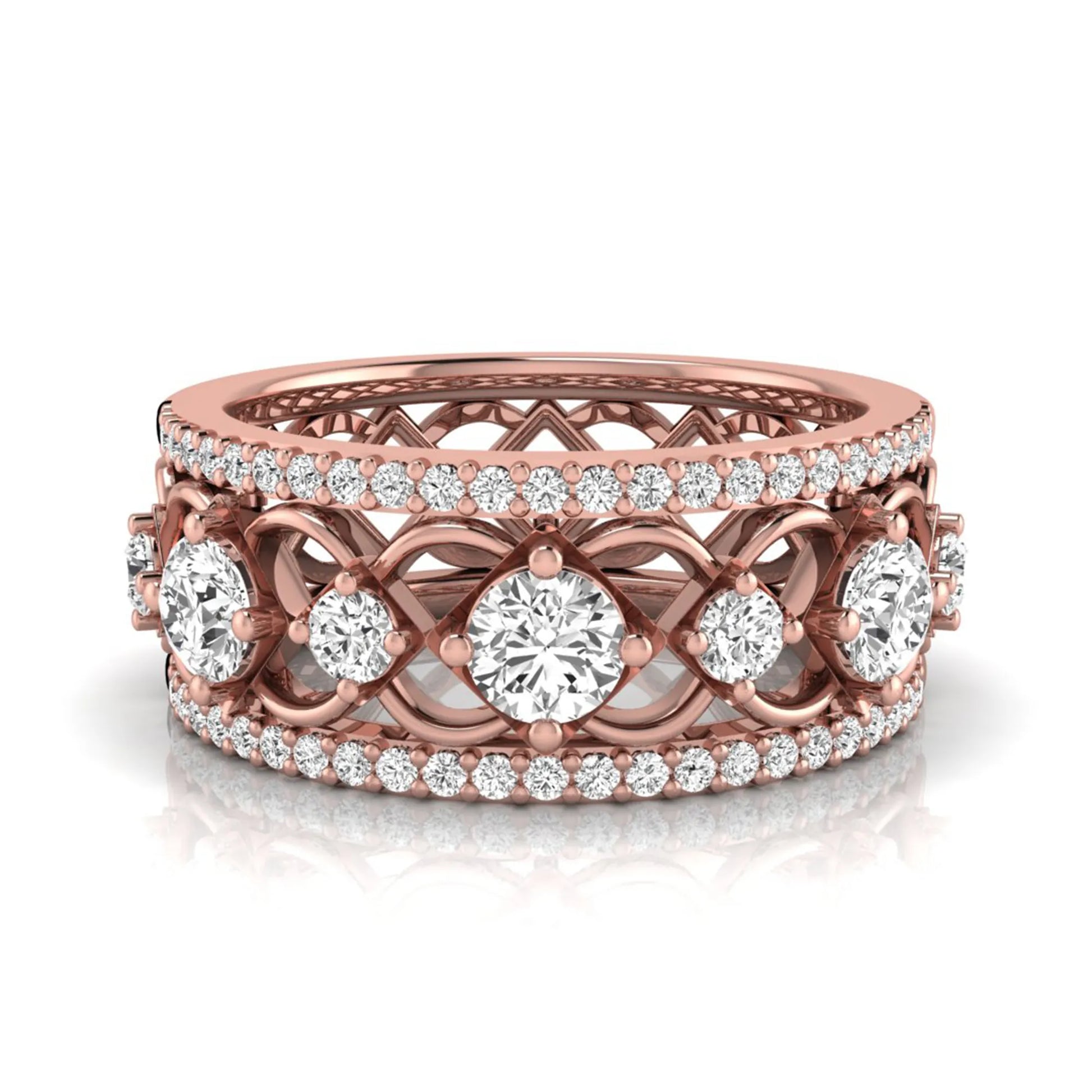 Round cut lab grown diamond vintage wide band ring featuring intricate openwork lattice design with pavé diamond accents in rose gold design