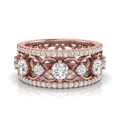 Round cut lab grown diamond vintage wide band ring featuring intricate openwork lattice design with pavé diamond accents in rose gold design
