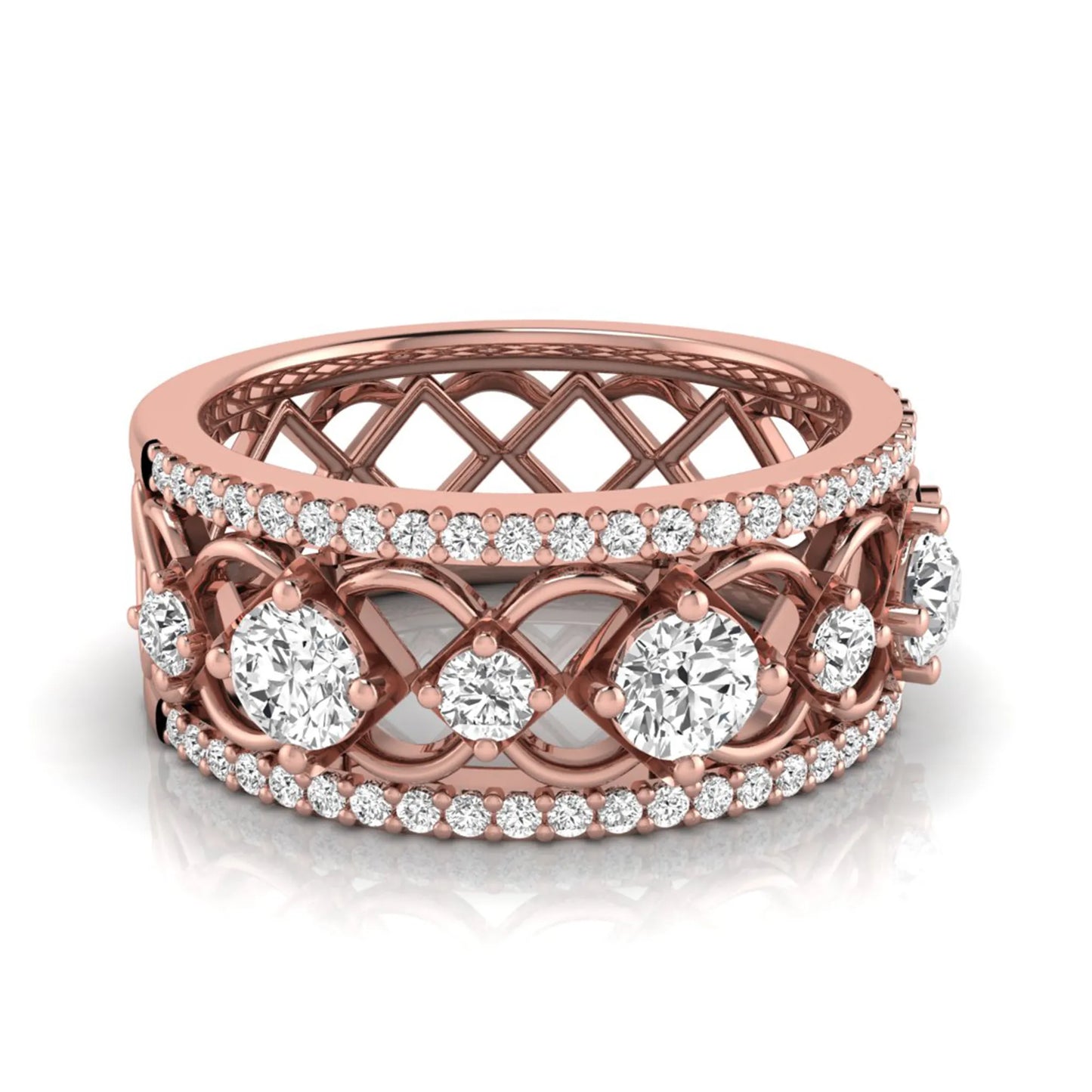 Round cut lab grown diamond vintage wide band ring featuring intricate openwork lattice design with pavé diamond accents in rose gold design
