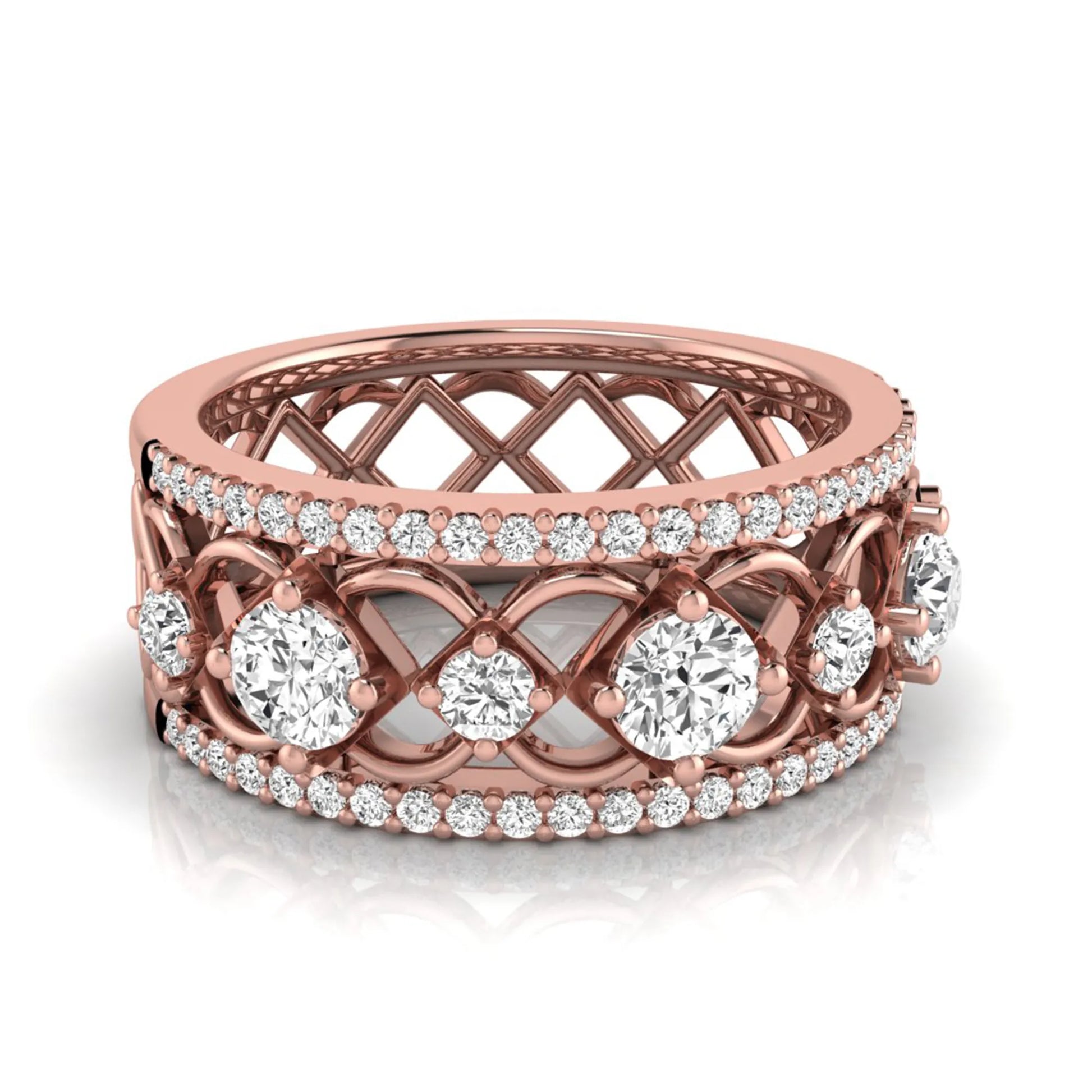Round cut lab grown diamond vintage wide band ring featuring intricate openwork lattice design with pavé diamond accents in rose gold design