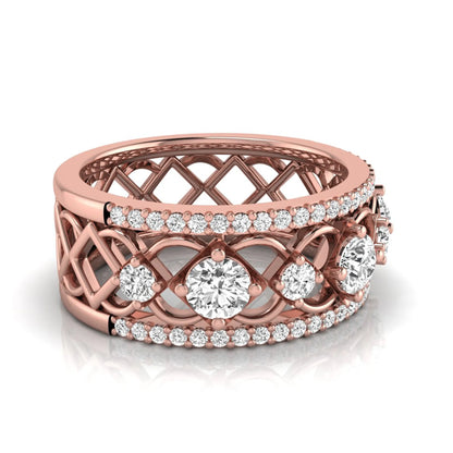 Round cut lab grown diamond vintage wide band ring featuring intricate openwork lattice design with pavé diamond accents in rose gold design