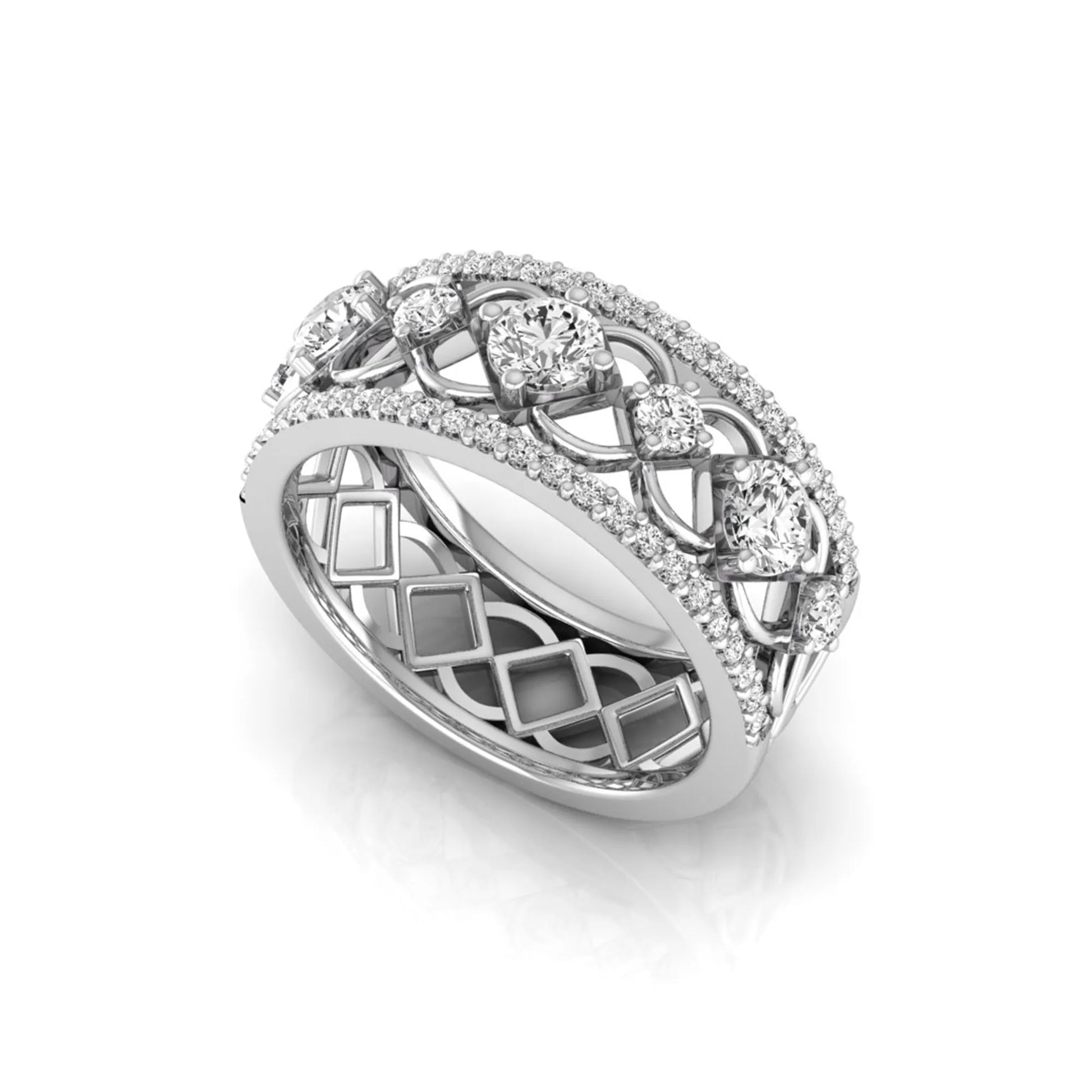Round cut lab grown diamond vintage wide band ring featuring intricate openwork lattice design with pavé diamond accents in white gold design