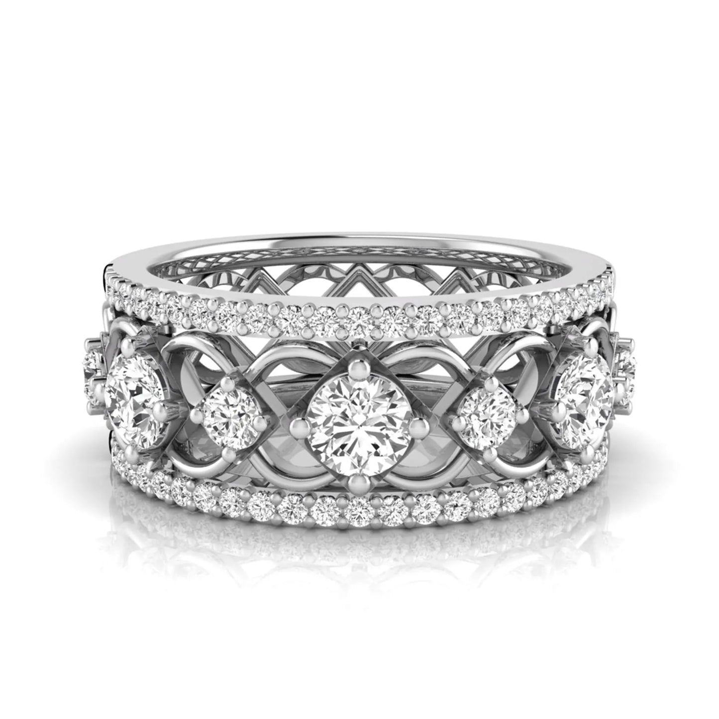 Round cut lab grown diamond vintage wide band ring featuring intricate openwork lattice design with pavé diamond accents in white gold design