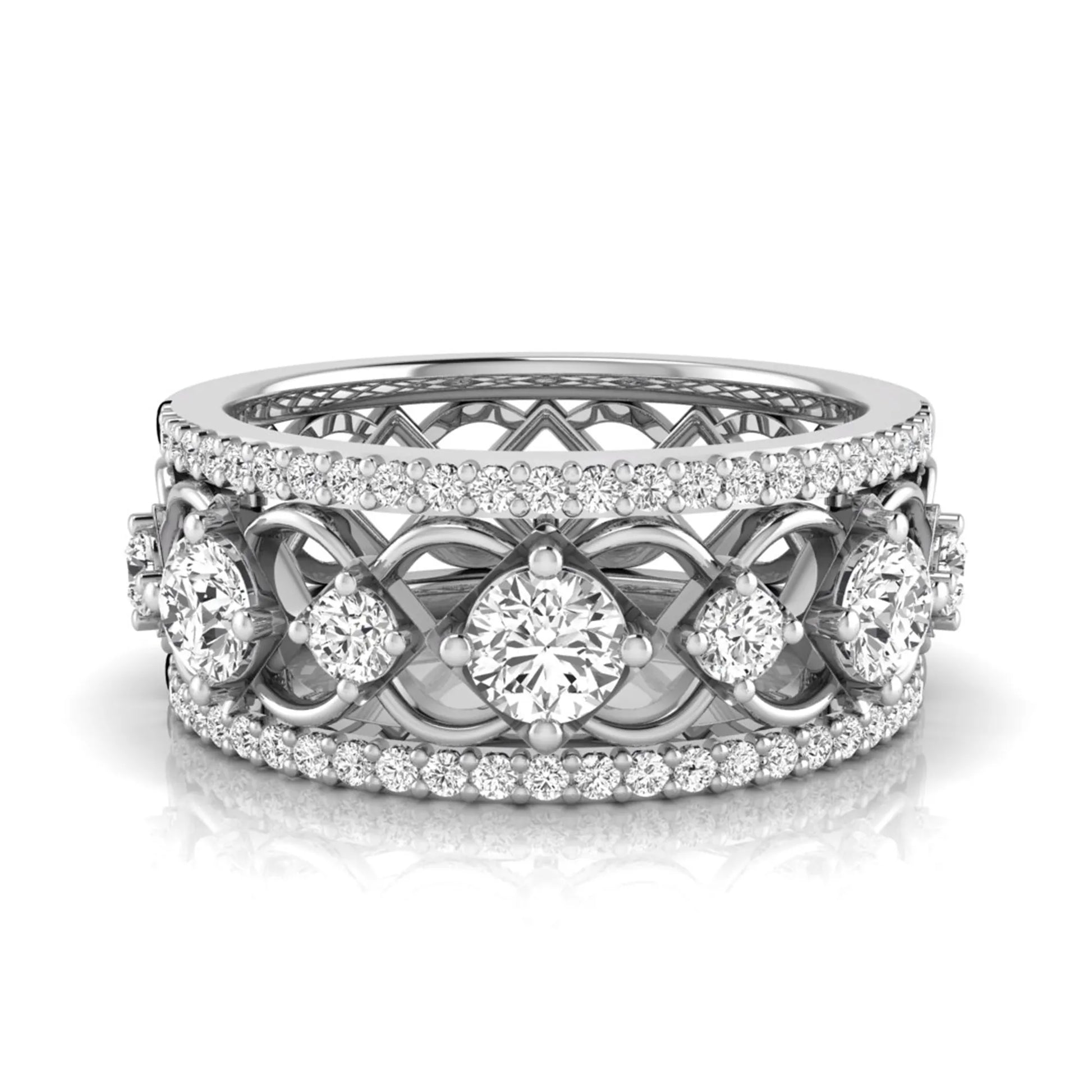 Round cut lab grown diamond vintage wide band ring featuring intricate openwork lattice design with pavé diamond accents in white gold design