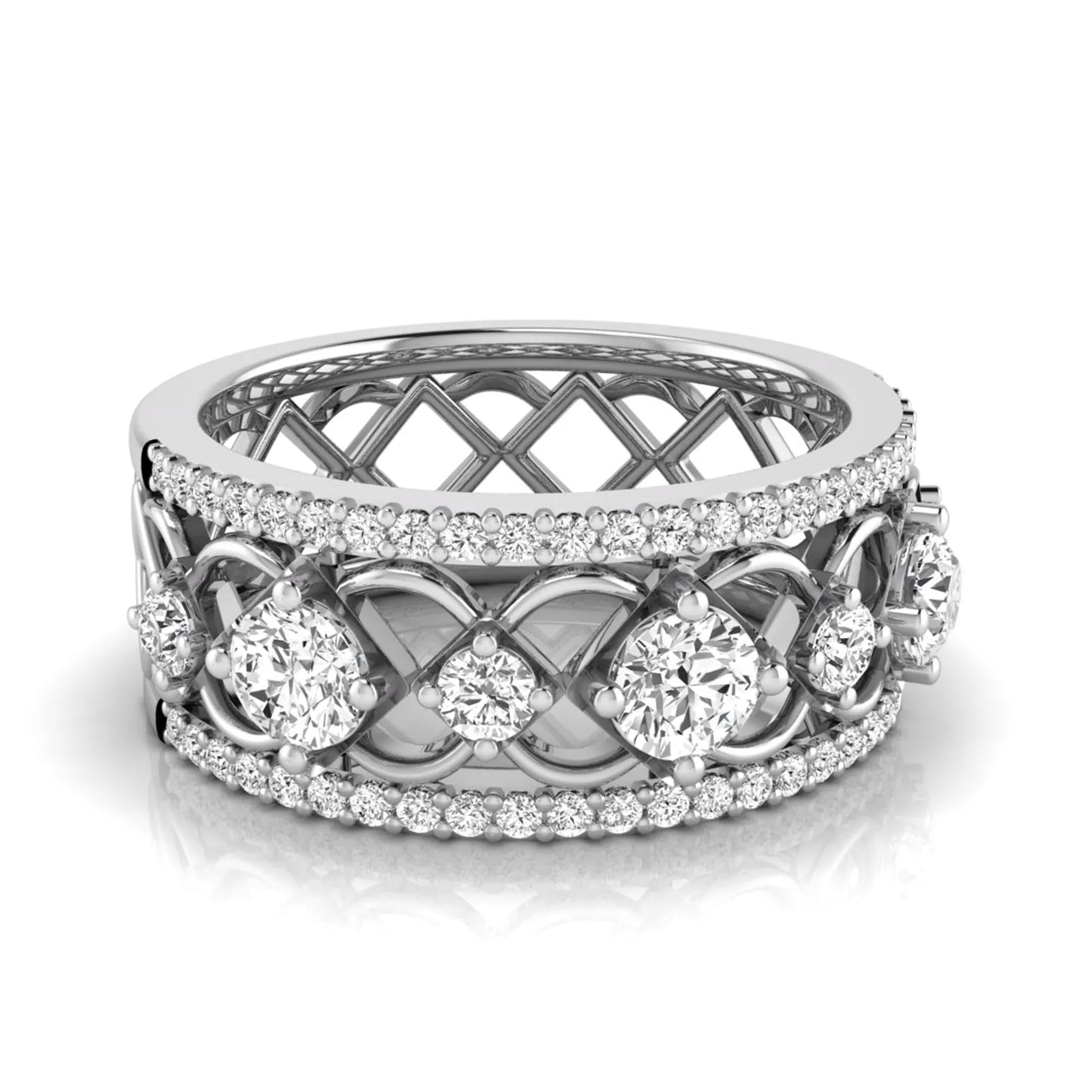 Round cut lab grown diamond vintage wide band ring featuring intricate openwork lattice design with pavé diamond accents in white gold design