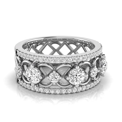Round cut lab grown diamond vintage wide band ring featuring intricate openwork lattice design with pavé diamond accents in white gold design