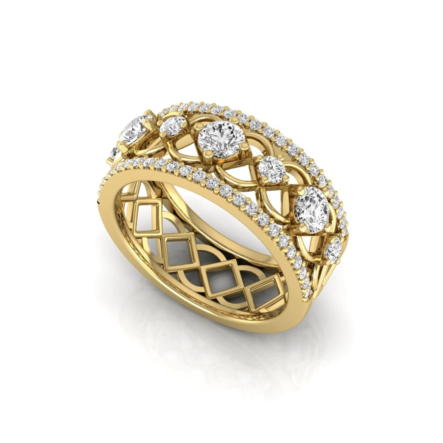 Round cut lab grown diamond vintage wide band ring featuring intricate openwork lattice design with pavé diamond accents in yellow gold design