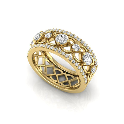 Round cut lab grown diamond vintage wide band ring featuring intricate openwork lattice design with pavé diamond accents in yellow gold design