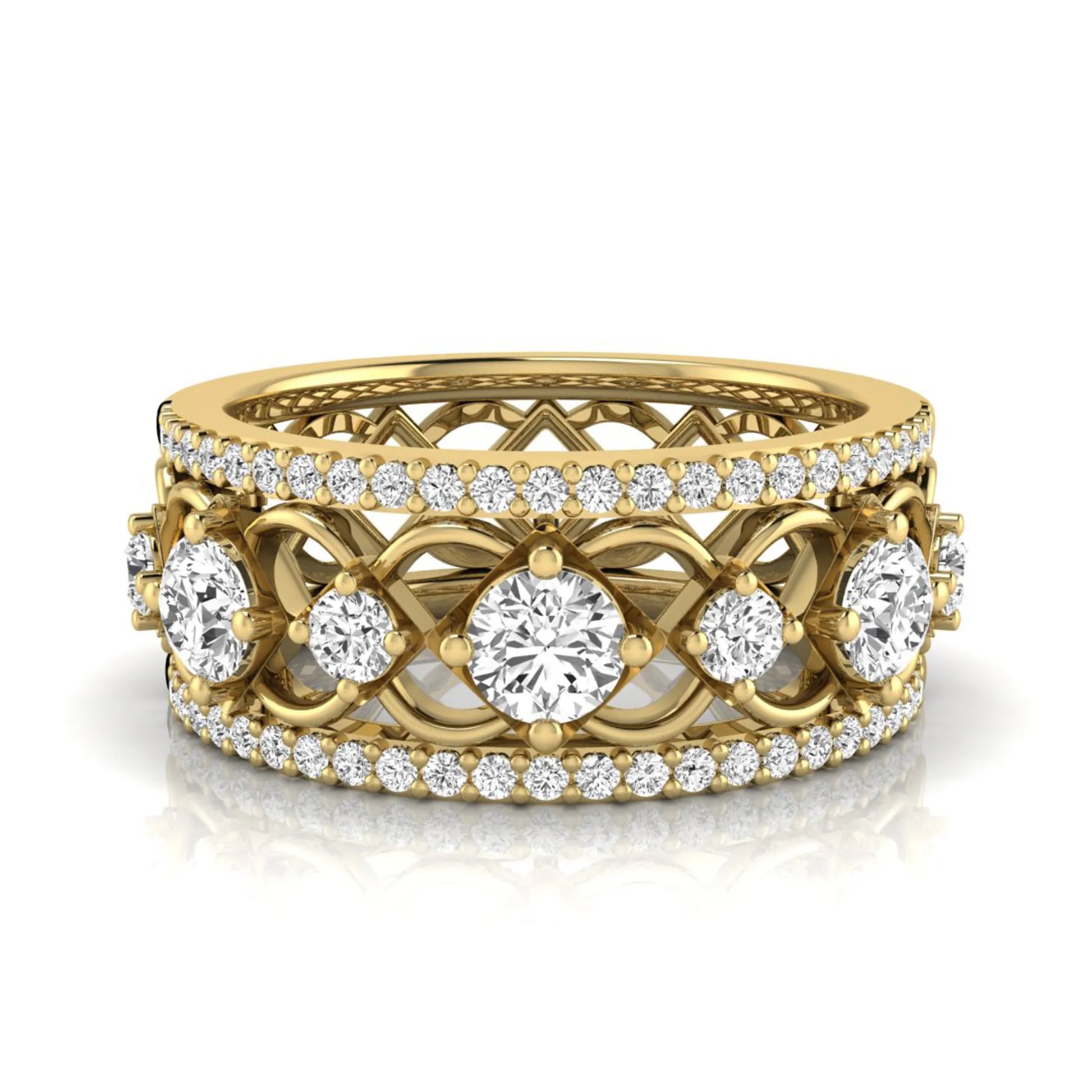 Round cut lab grown diamond vintage wide band ring featuring intricate openwork lattice design with pavé diamond accents in yellow gold design