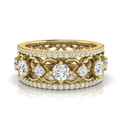 Round cut lab grown diamond vintage wide band ring featuring intricate openwork lattice design with pavé diamond accents in yellow gold design