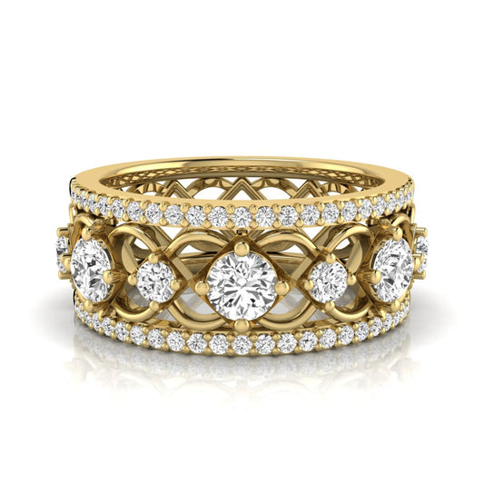 Round cut lab grown diamond vintage wide band ring featuring intricate openwork lattice design with pavé diamond accents in yellow gold design