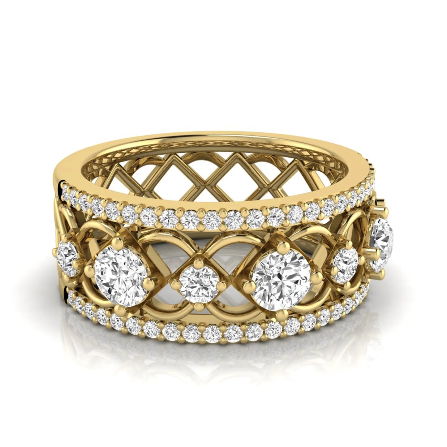 Round cut lab grown diamond vintage wide band ring featuring intricate openwork lattice design with pavé diamond accents in yellow gold design