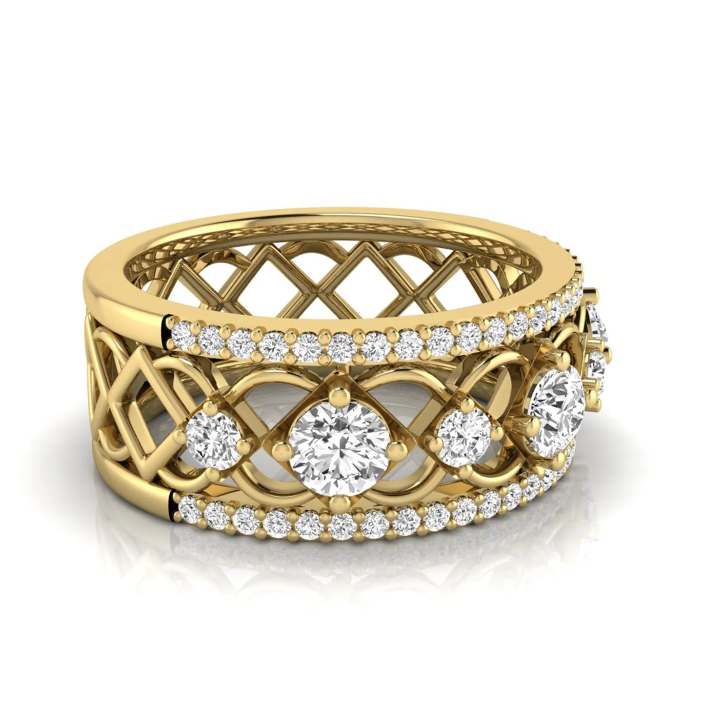 Round cut lab grown diamond vintage wide band ring featuring intricate openwork lattice design with pavé diamond accents in yellow gold design