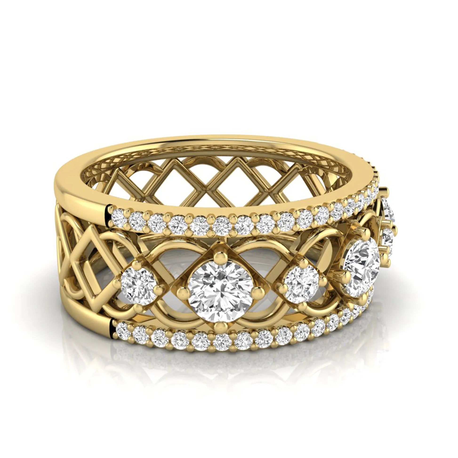 Round cut lab grown diamond vintage wide band ring featuring intricate openwork lattice design with pavé diamond accents in yellow gold design