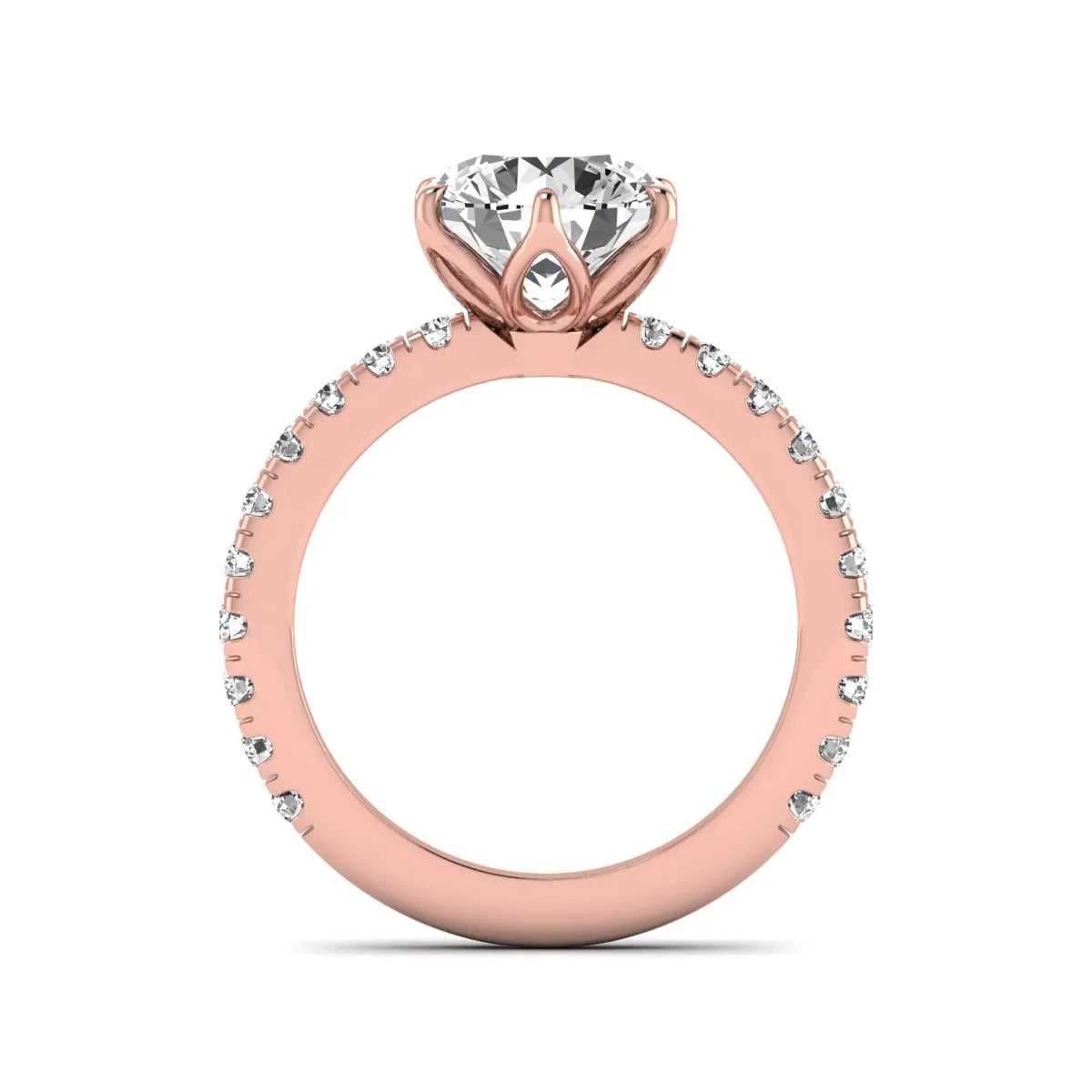 Round cut lab grown diamond pavé solitaire engagement ring with cathedral setting in rose gold.