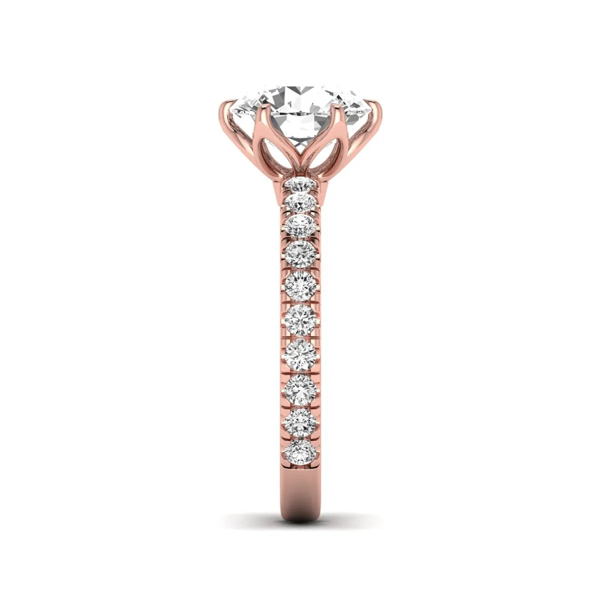 Round cut lab grown diamond pavé solitaire engagement ring with cathedral setting in rose gold.