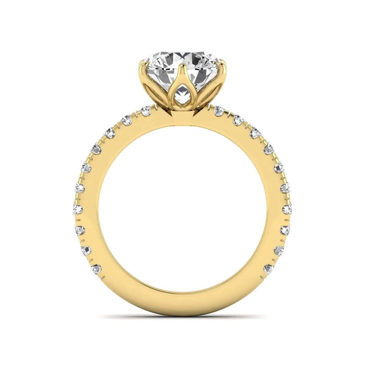 Round cut lab grown diamond pavé solitaire engagement ring with cathedral setting in yellow gold.