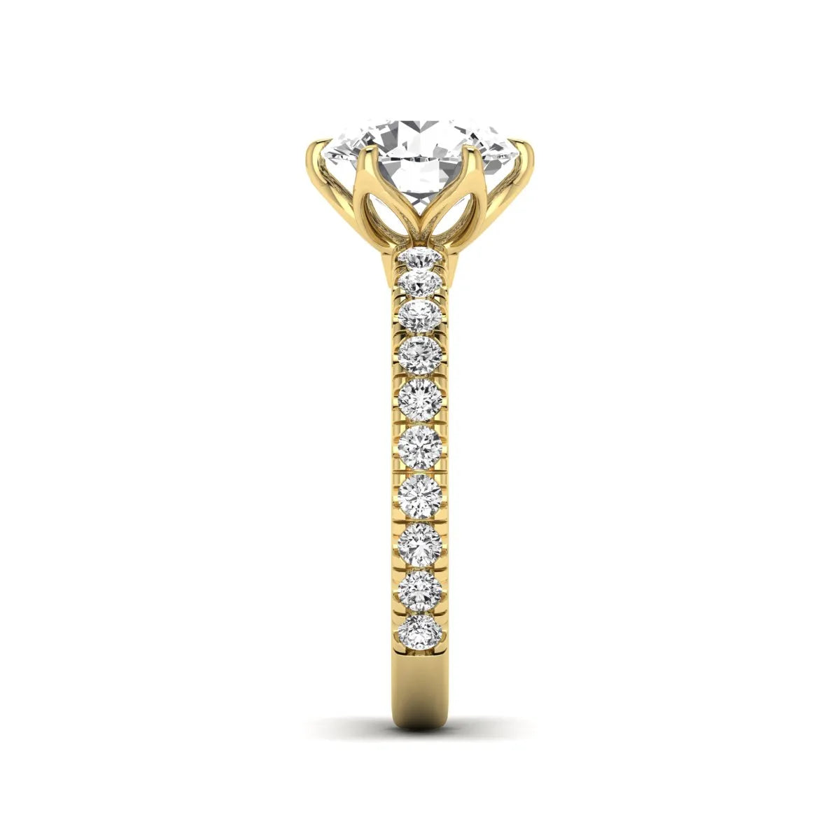 Round cut lab grown diamond pavé solitaire engagement ring with cathedral setting in yellow gold.