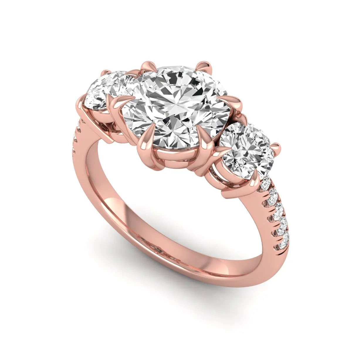Round cut lab grown diamond three stone engagement ring with two round side diamonds and diamond accented shoulders in rose gold