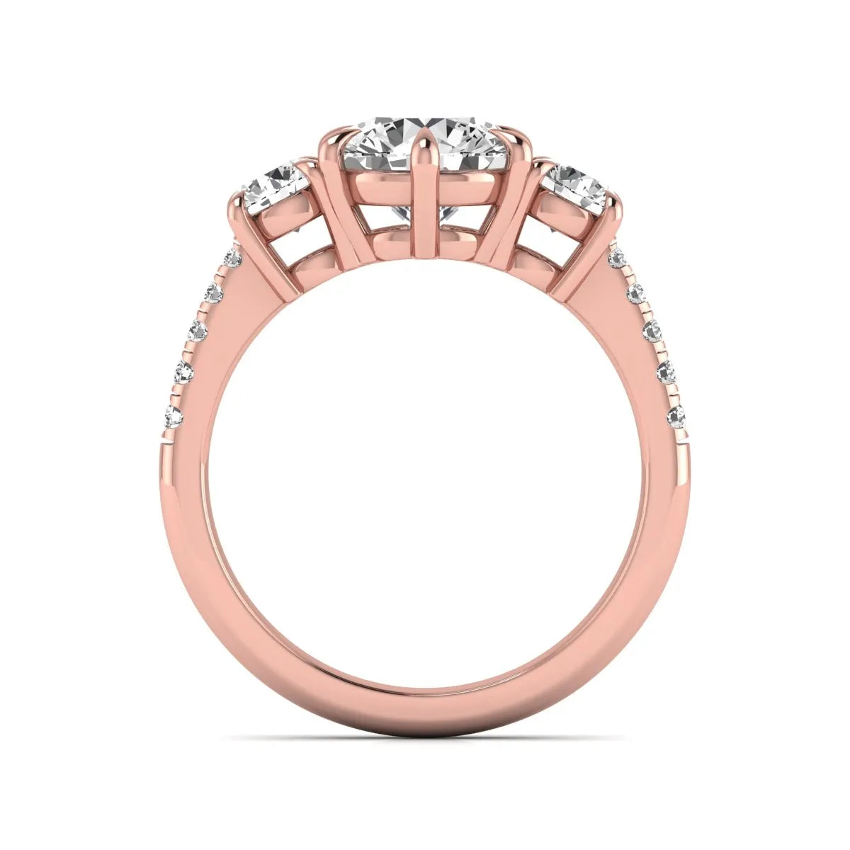 Round cut lab grown diamond three stone engagement ring with two round side diamonds and diamond accented shoulders in rose gold